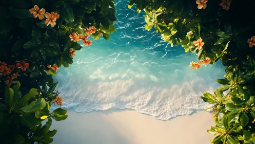 Tropical Beach Overhead View with Flowering Vines.