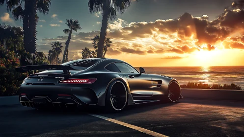 Sunlit performance coupe overlooking dramatic ocean sunset.