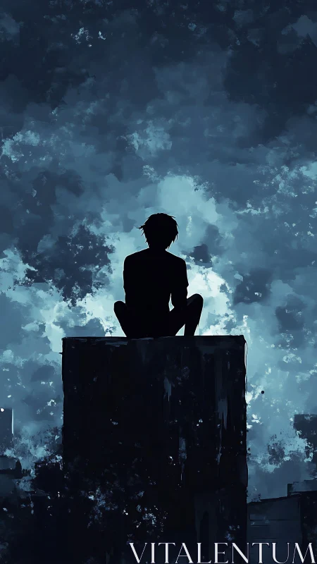 Silhouette of lone figure on rooftop against moody night sky.