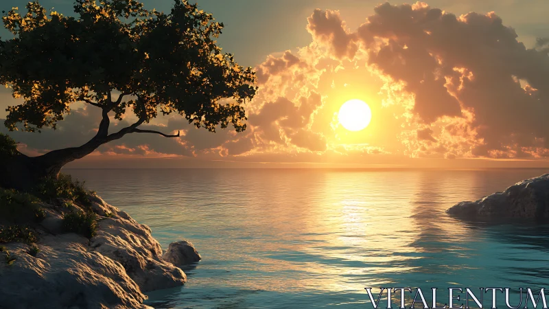 Golden ocean sunset beyond rocky shore and lone tree.