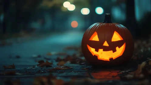 Jack-o-lantern glows along wet autumn street at night.
