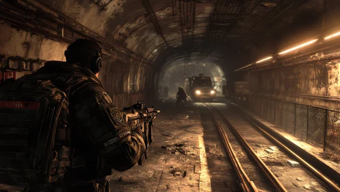 Tactical firefight in dimly illuminated subway tunnel environment.
