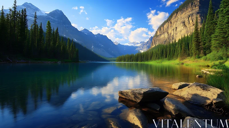 Mountain lake with evergreen forest and rocky shoreline.