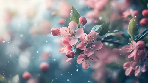 Luminous cherry blossoms suspended in soft-focus bokeh with particle effects.