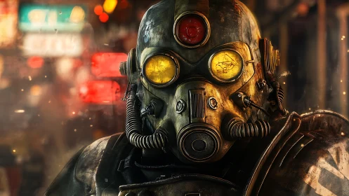Rust-scarred gas mask trooper in neon-soaked dystopia.