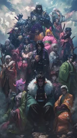 Samurai collective under stormlit sky in dynamic formation.