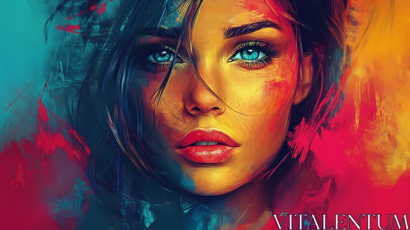 Vivid digital portrait with intense blue eyes and neon hues.