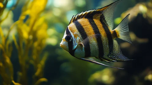 Striped reef wanderer glides through sunlit kelp forest.