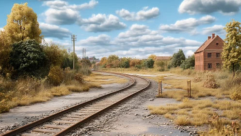 Curving rural railway line beside brick house in fields.