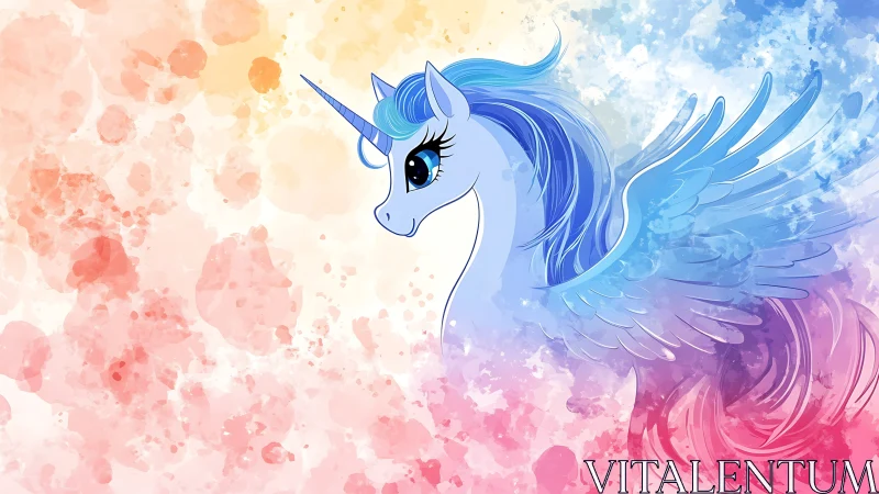 Dreamy winged unicorn in soft rainbow watercolor skies.