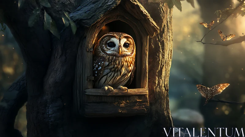Whimsical owl in a treehouse at dusk with butterflies, digital art.