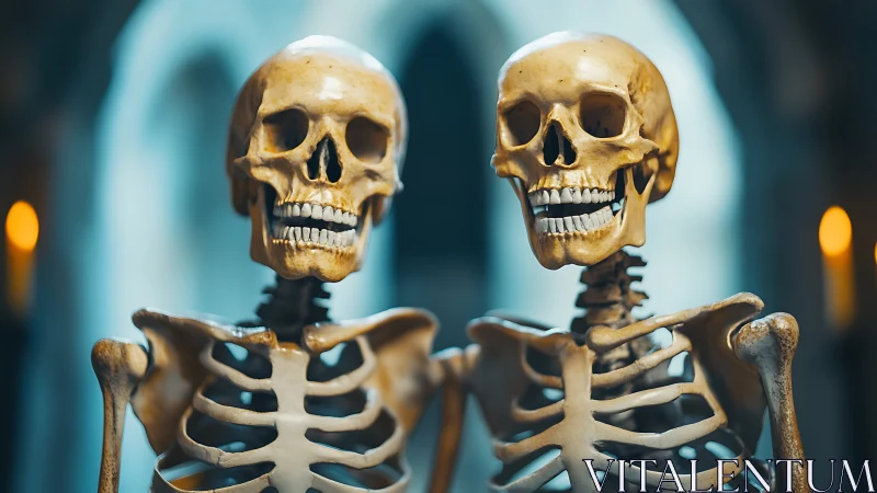 Two human skeleton models stand side by side in soft focus