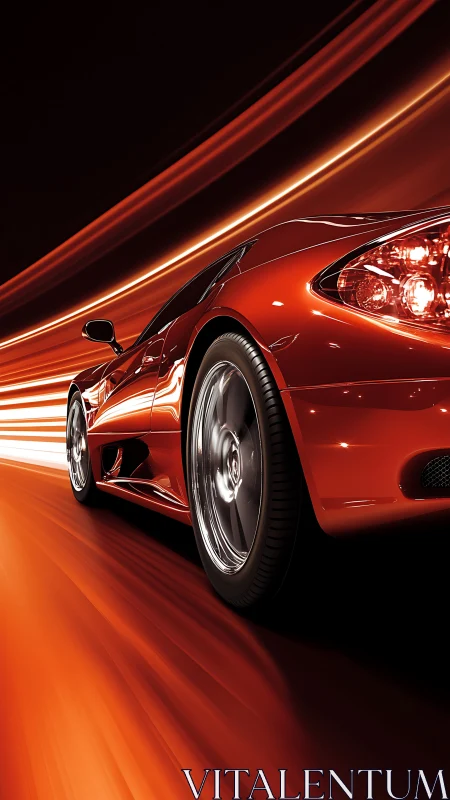 Crimson sports car slicing through glowing night speedways.
