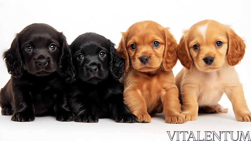 Cocker spaniel puppies lined in two-tone color harmony.