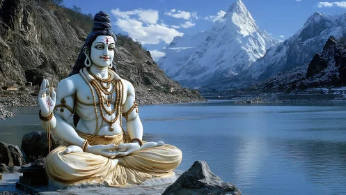 Glacial-lake Shiva deity rendering with Himalayan backdrop.