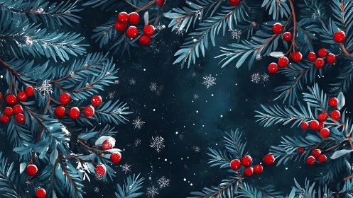 Winter berries and evergreen sprigs framing a starry night.