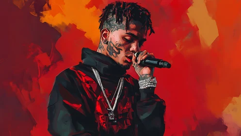 Digital portrait of rapper performing on vivid red stage.