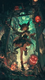 Gothic alley witch strides through burning jack-o-lantern chaos