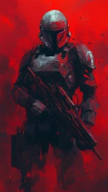 Armored sci fi soldier with rifle in red abstract field.