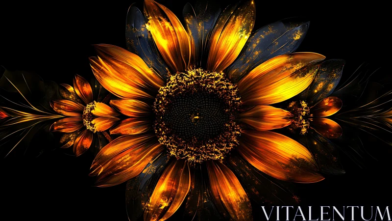 High-contrast luminous fractal sunflower bloom on black field.