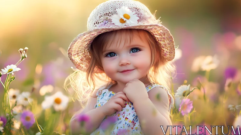 Young child in straw hat surrounded by blossoming wildflower field.