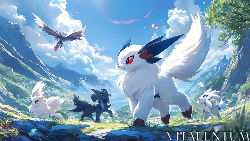 Quadruple creature patrol in high-altitude anime valleyscape.