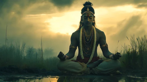 Twilight yogi in jeweled stillness beside a silent water. Period.