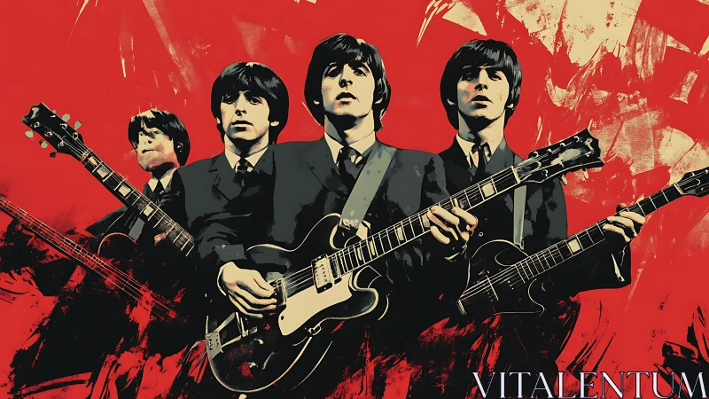 Graphic rock quartet portrait in bold red high-contrast palette.