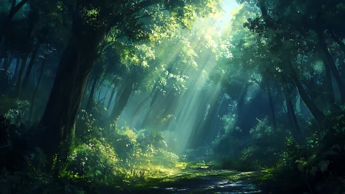 Forest Stream with Radiant Canopy Light