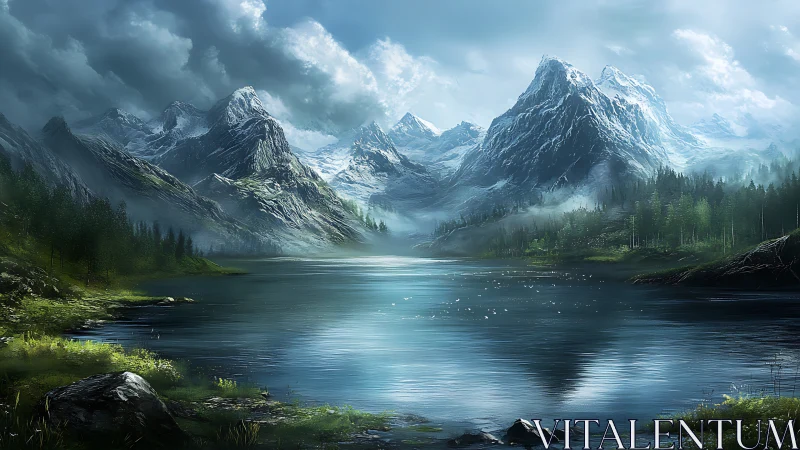 High dynamic range alpine lake with atmospheric depth cues