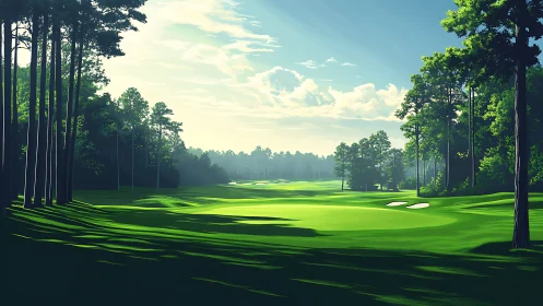 Sunlit forest golf fairway with long morning shadows.