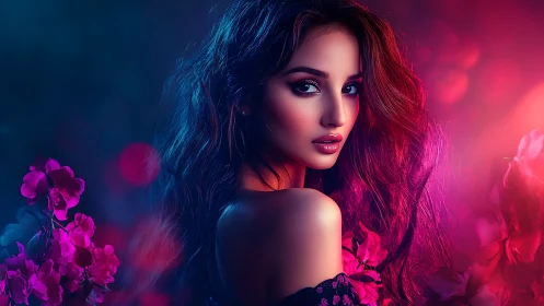 Neon-bloomed muse in electric dusk and orchid glow.