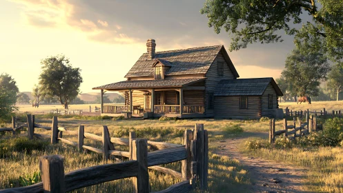 Warm sunset over rustic wooden farmhouse and pastureland.