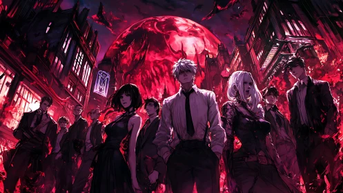 Group of suited figures in red-lit ruined city at night.