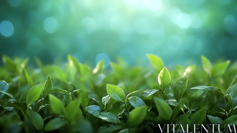 Sunlit green leaves with dreamy bokeh backdrop.