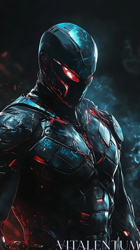 Armored humanoid figure in illuminated exosuit stands in profile