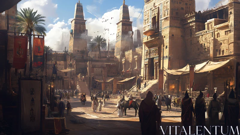 Sunlit sandstone citadel where hooded travelers weave stories.