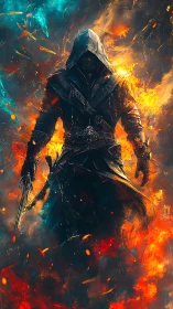 Digital painting of hooded gunslinger in infernal vortex.