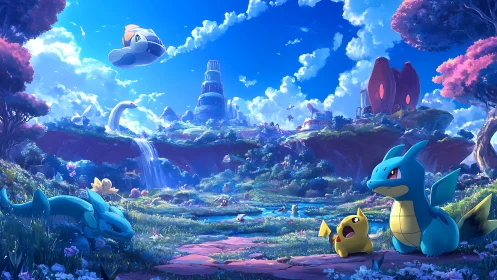 Vibrant Pokémon landscape renders lush valley in dynamic light