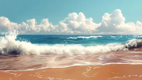 Breaking ocean waves roll onto wet sandy shoreline
