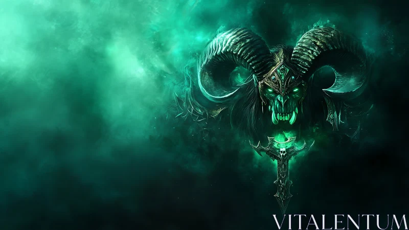 Demonic horned skull with glowing green energy in mist