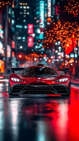 Red sports car is positioned on wet city street at night