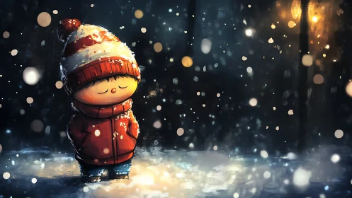 Snowy night child in red coat under soft glowing lights.