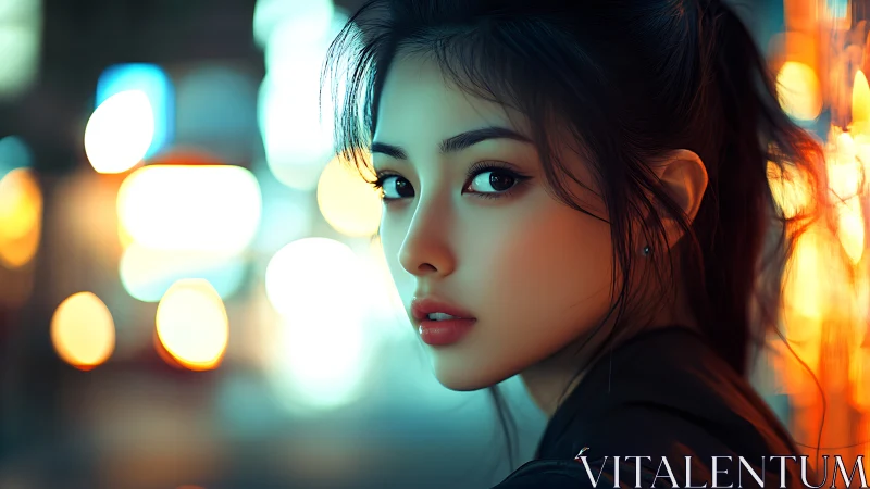 Neon night portrait captures intense gaze in blurred city lights