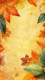Autumn foliage frame with warm textured watercolor background.