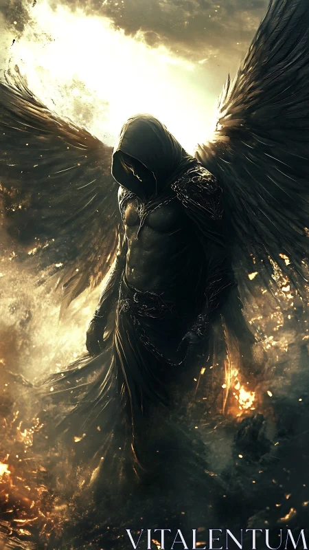 Dark hooded fallen angel with burning wings in ashes