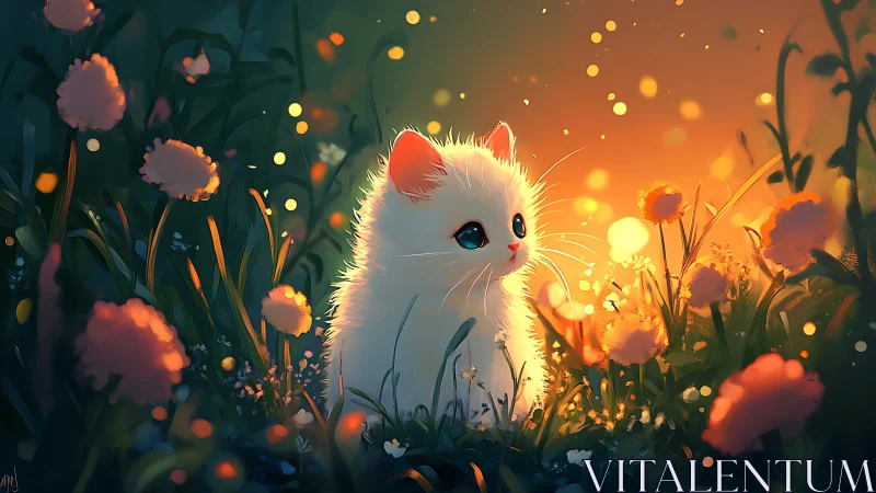 White Kitten in Golden Flower Garden at Sunset