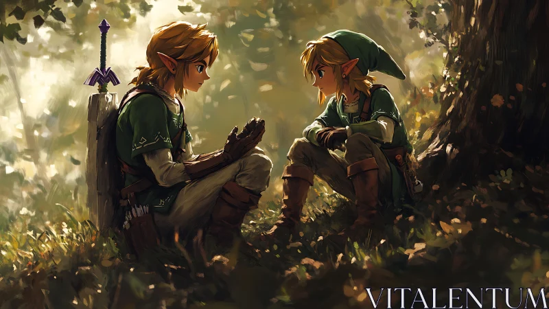 Forest rendezvous of dual elven heroes in painterly light field.