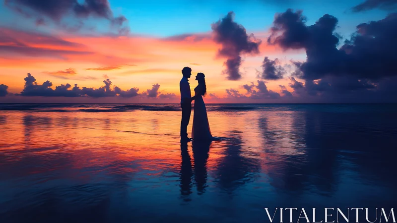 Silhouetted Couple Embracing Beneath Golden Sunset Over Tranquil Waters.