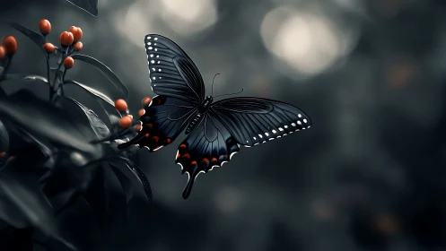 Black butterfly over foliage with red berries at dusk.